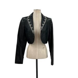 Cache Vintage‎ Leather Jacket Cropped Studded Rhinestones Black Size Medium